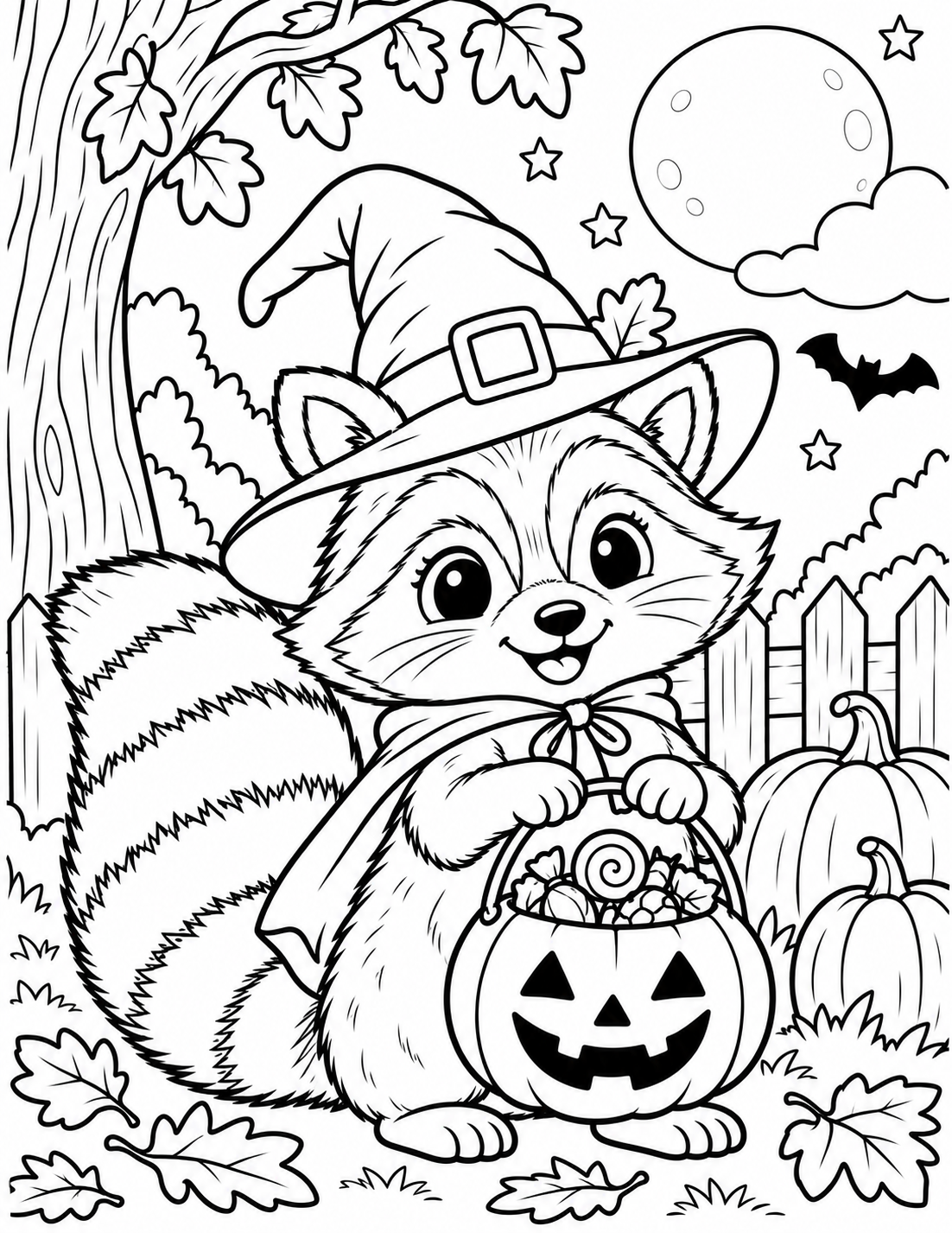 Coloring Page-Cartoon raccoon in a witch hat holding a jack-o'-lantern bucket in a spooky Halloween scene