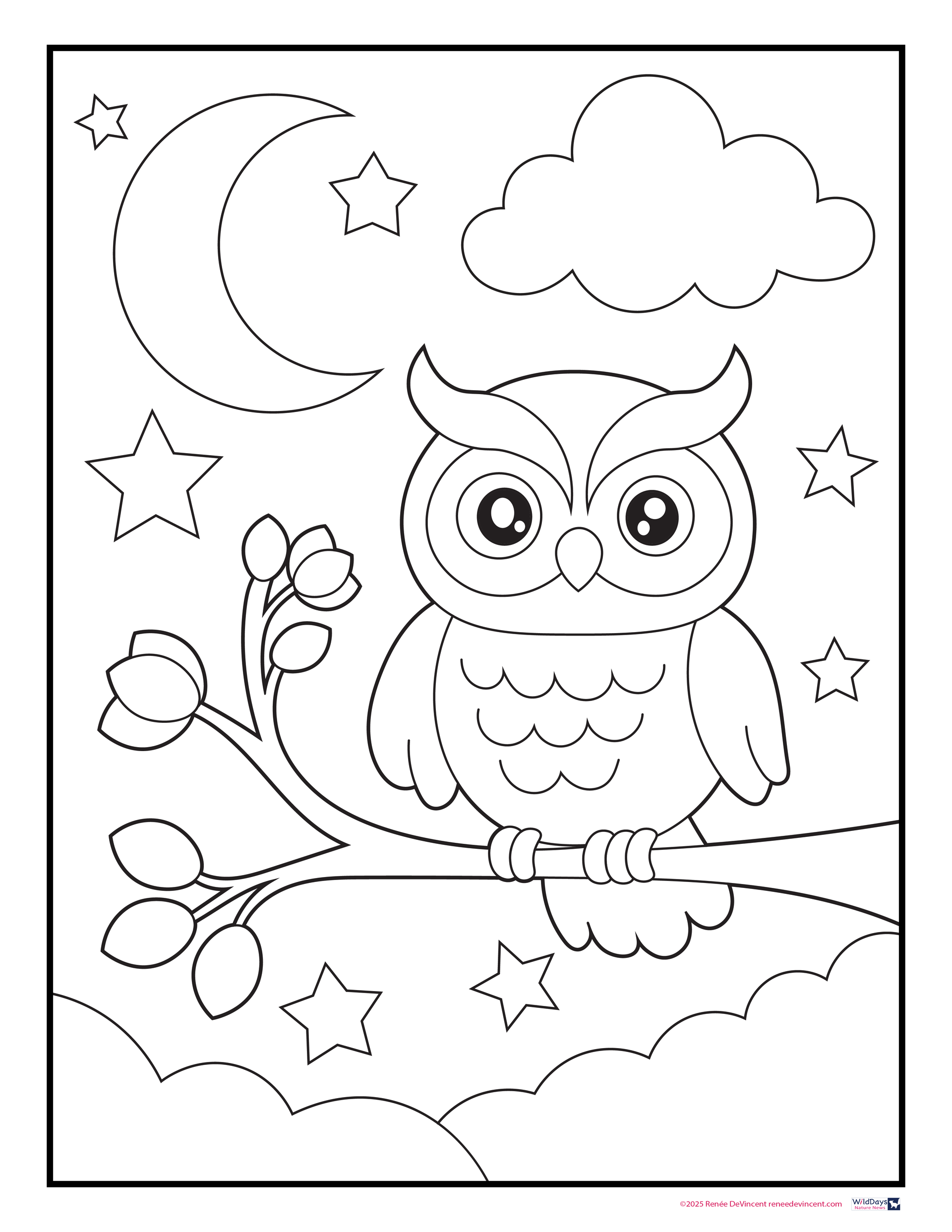 Cute owl on a branch under a moon and clouds, surrounded by stars in a black-and-white coloring page.