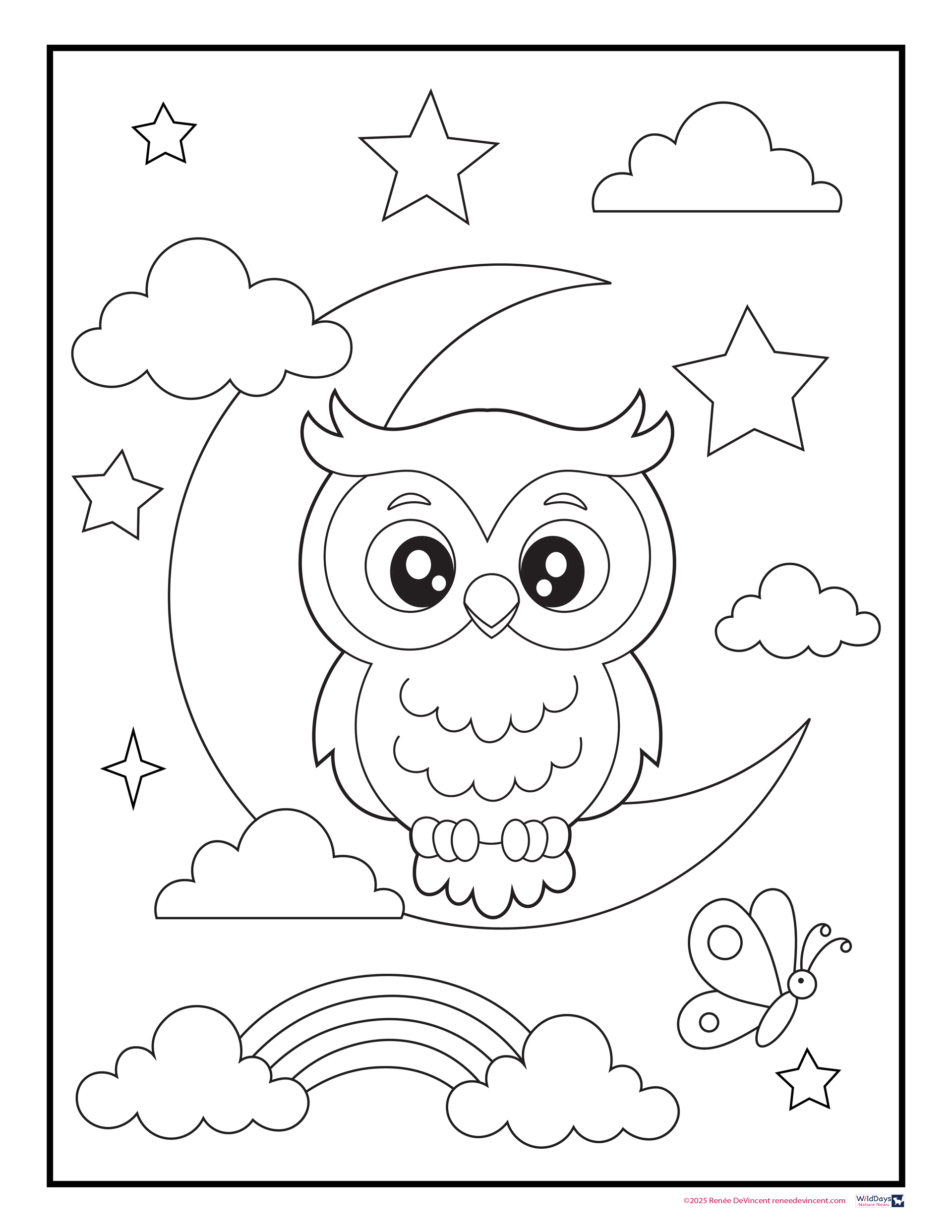 Cute owl coloring page on a crescent moon with clouds, stars, rainbow, and a butterfly.