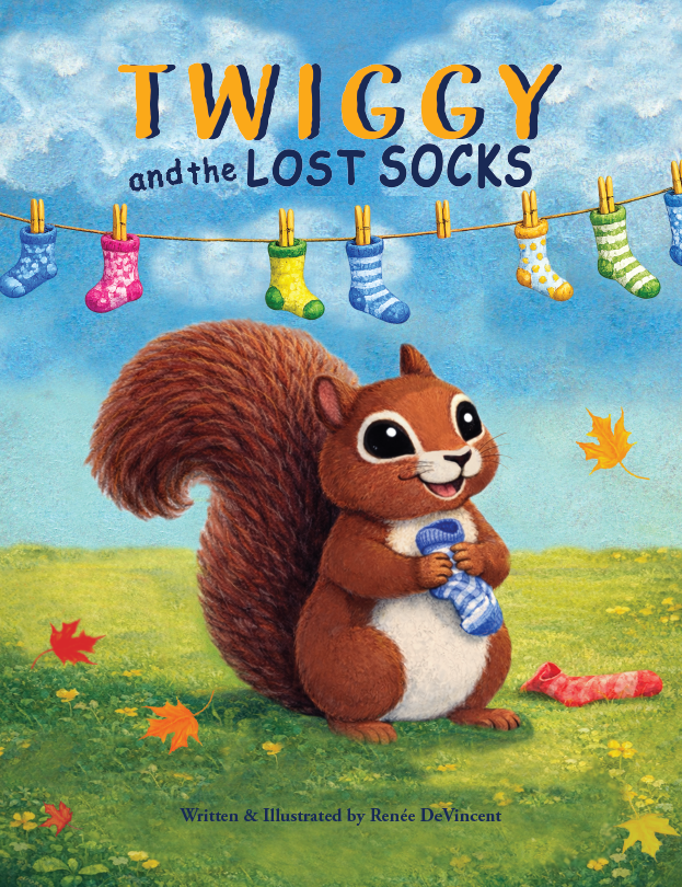 Children’s book cover of a squirrel hanging blue socks on a clothesline, titled “Twiggy and the Lost Socks”