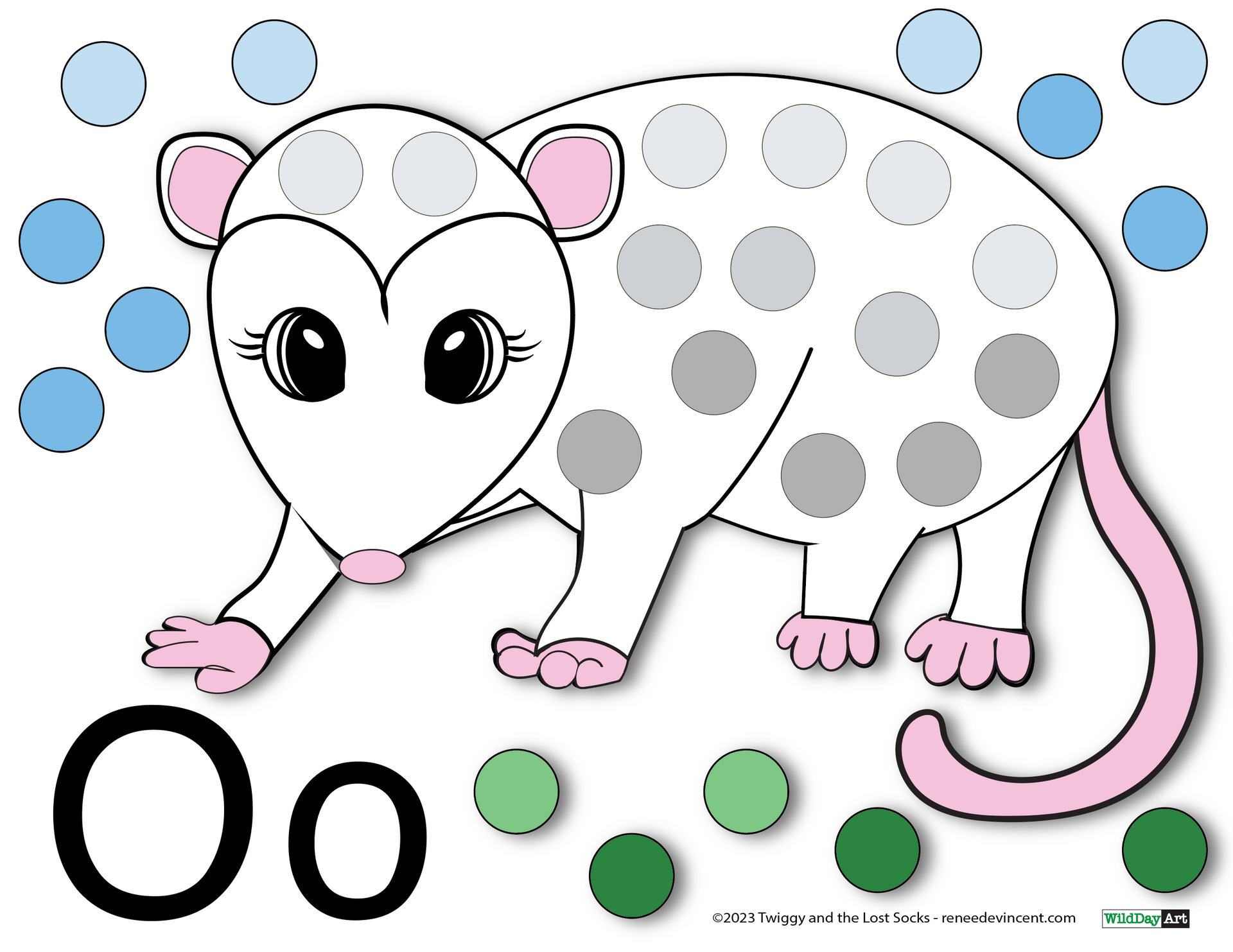Opossum with letter O, dotted with gray, blue, and green circles.