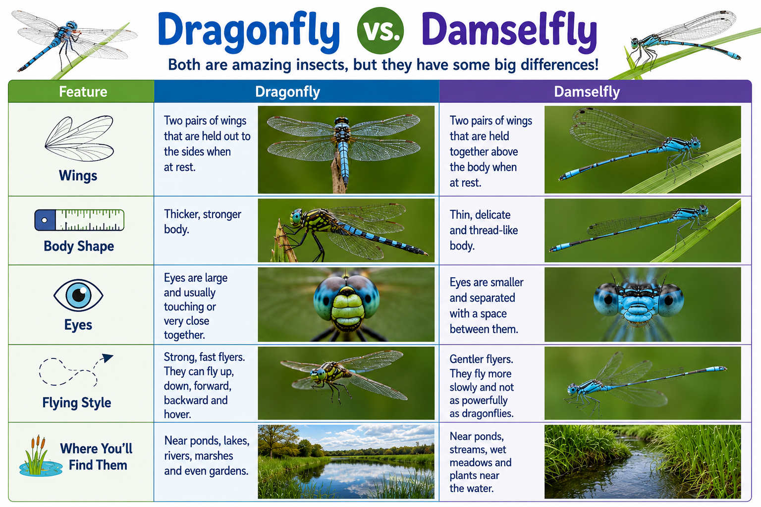 Infographic comparing dragonflies and damselflies with side-by-side photos and labeled differences