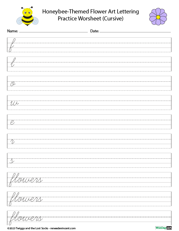 Cursive handwriting practice worksheet with bee and flower graphics; includes tracing letters and 