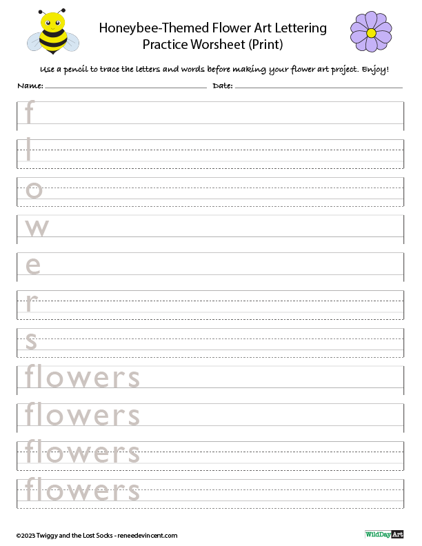 Flower art lettering practice worksheet. 