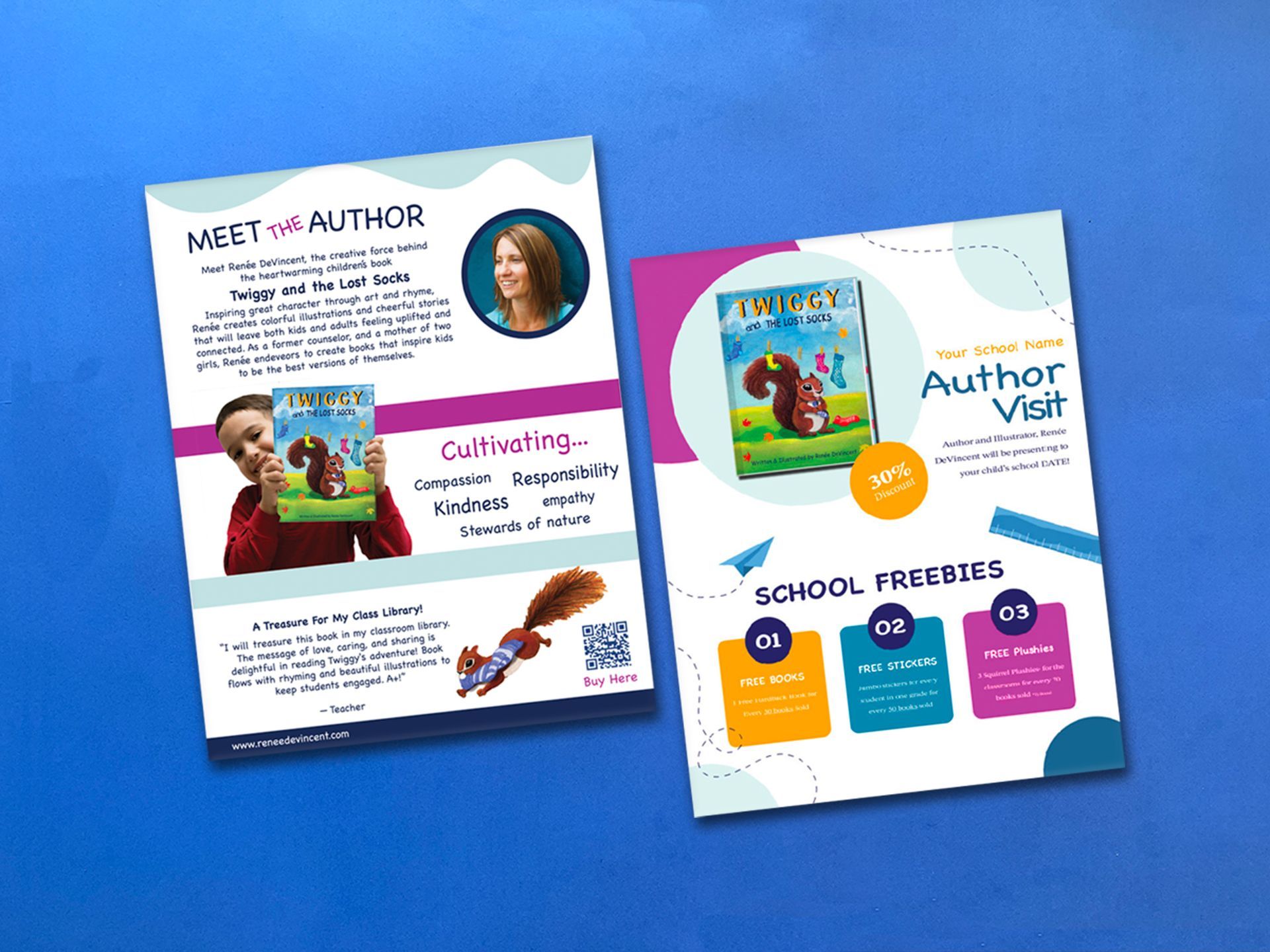 Two flyers promoting an author visit, featuring book cover, author photo, and school activities.