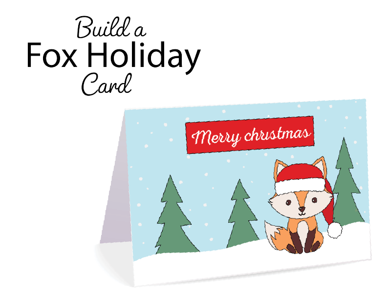 A holiday card featuring a fox wearing a Santa hat, trees, and 