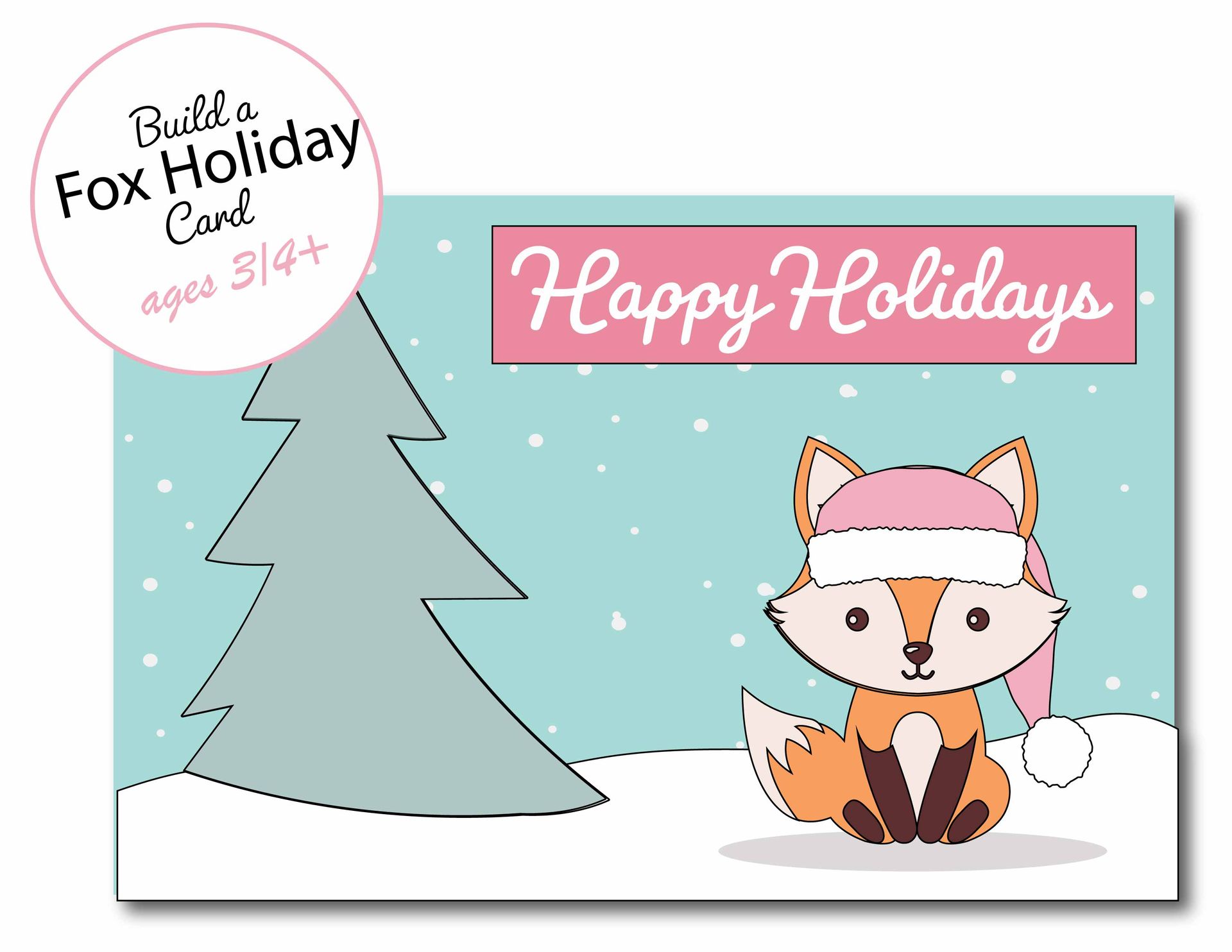 Holiday card with cartoon fox wearing pink hat; 