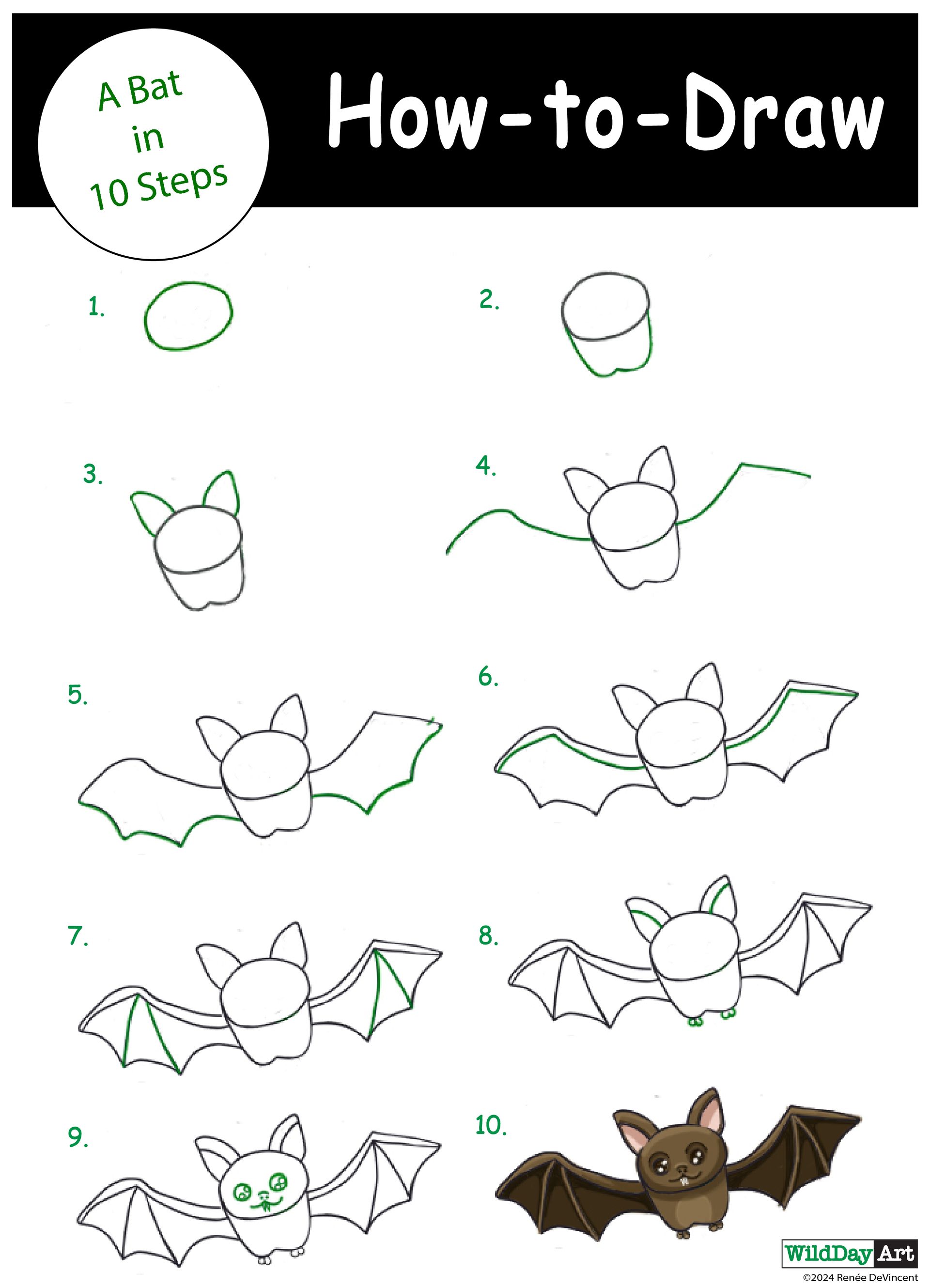 How to draw a bat in 10 steps. Instructional graphic with a bat being drawn in stages.