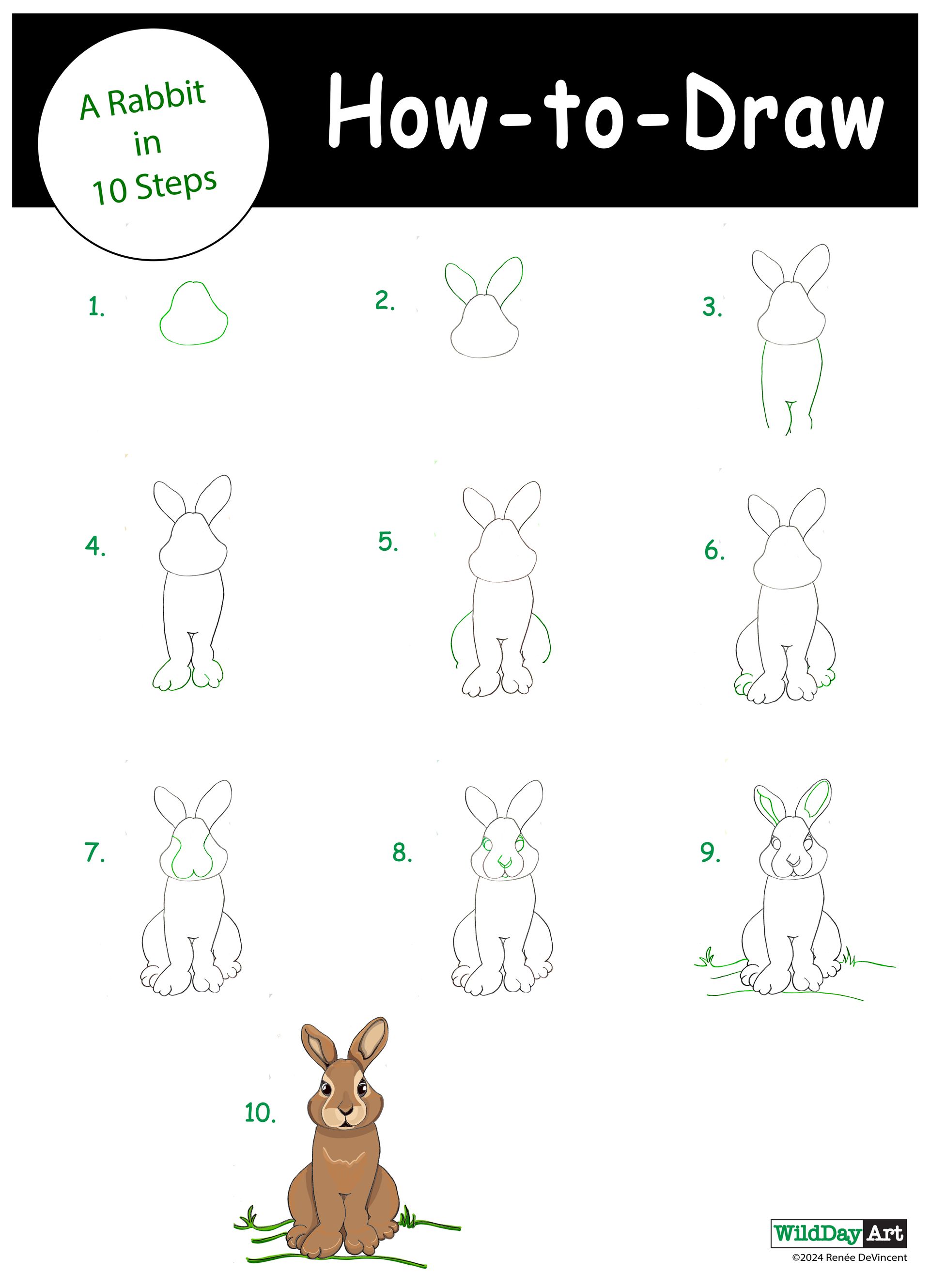 How to draw a rabbit in 10 steps; a drawing guide with a final colored rabbit.