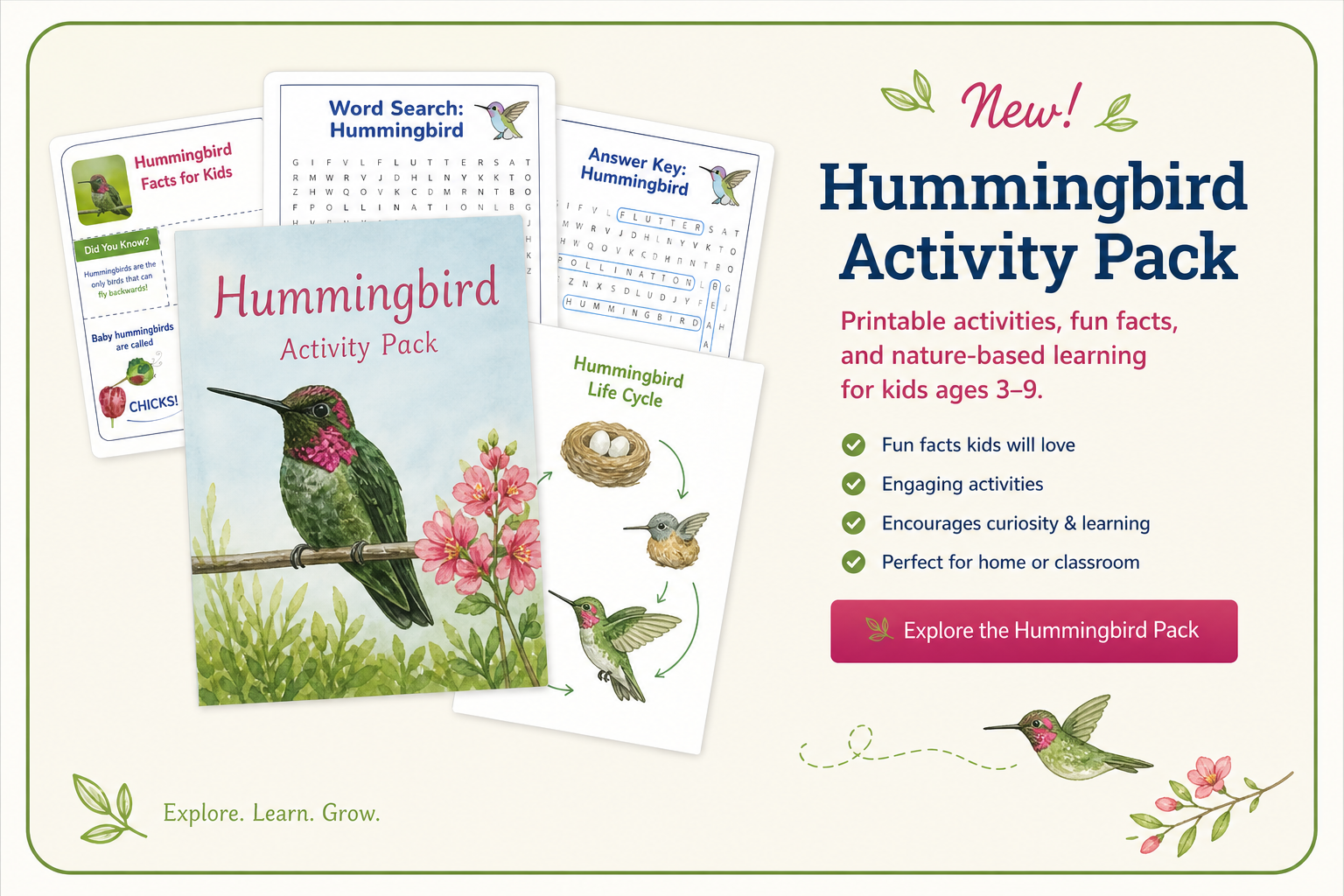 Hummingbird Activity Pack promo with book cover, worksheets, and a pink download button on a cream background