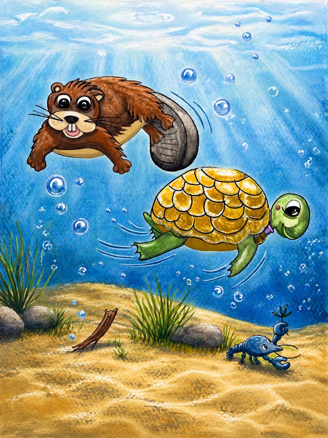 Cartoon otter, turtle, crab, and worm underwater in a sunny ocean scene