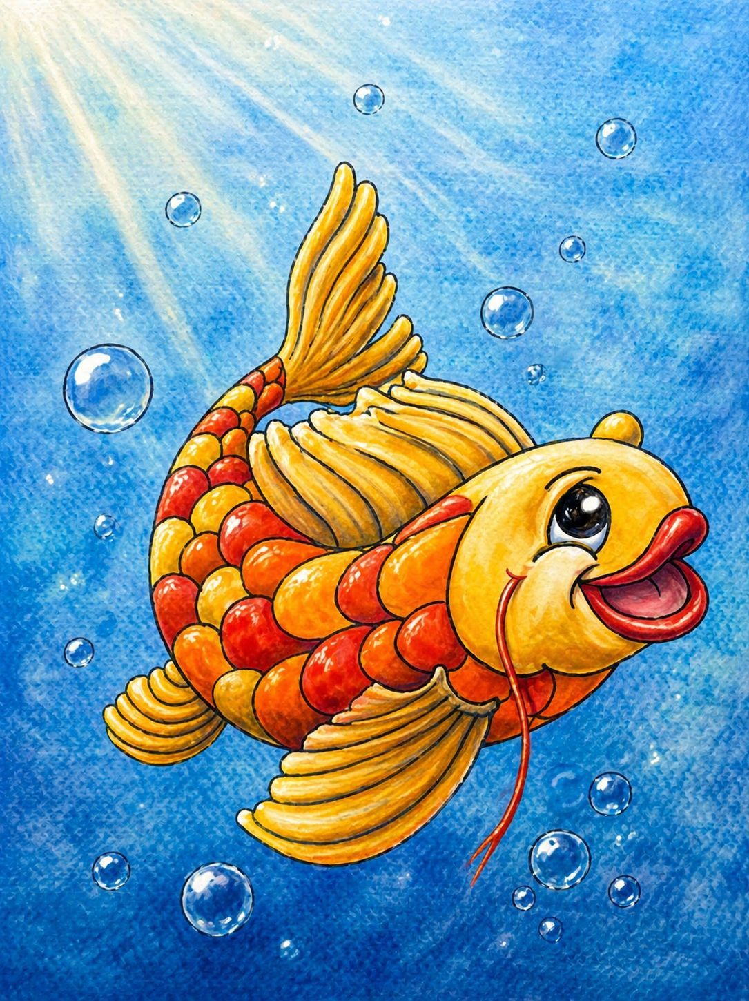 Colorful cartoon fish swimming in blue water with bubbles, smiling and bright orange-yellow scales