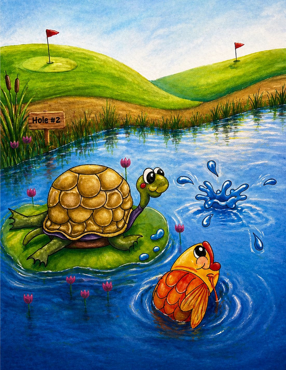 cartoon turtle and Koi in a pond near a golf green; one splashes into the water as others watch.