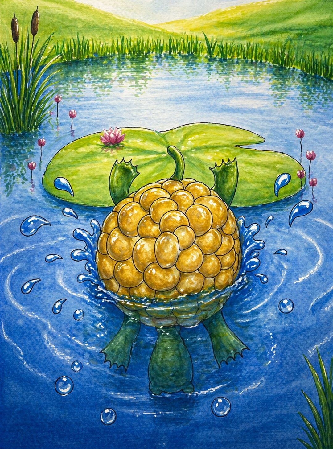 Cartoon turtle diving into a pond. lily pads, with ripples and bubbles.