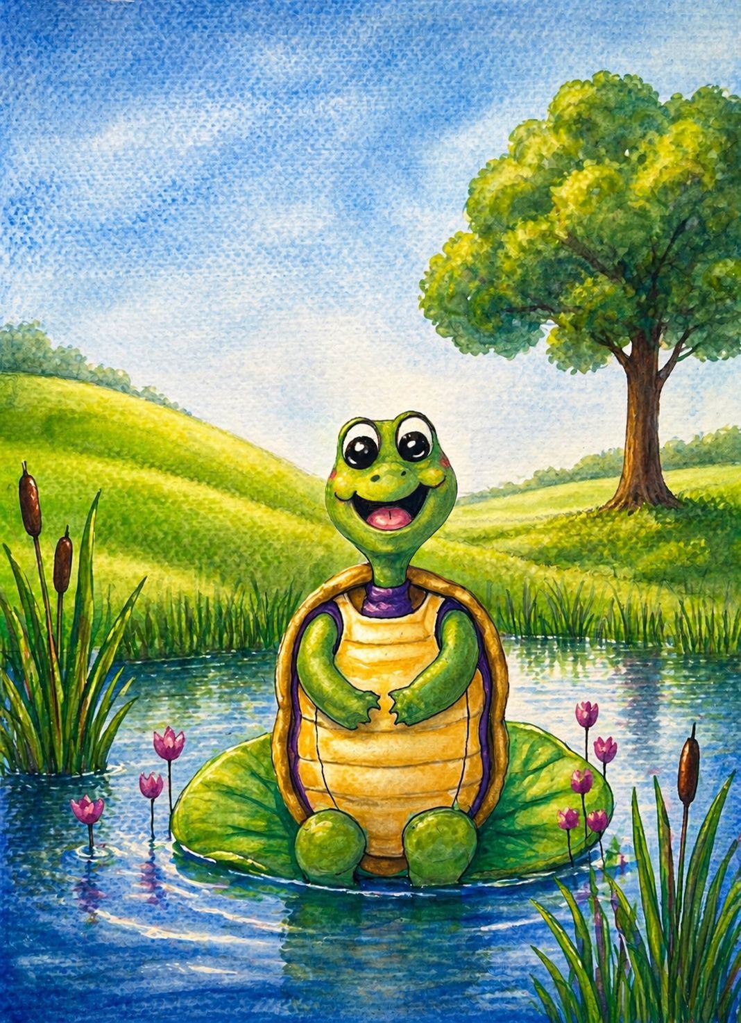 Smiling cartoon turtle sitting on a lily pad in a pond with pink flowers and a sunny green hillside