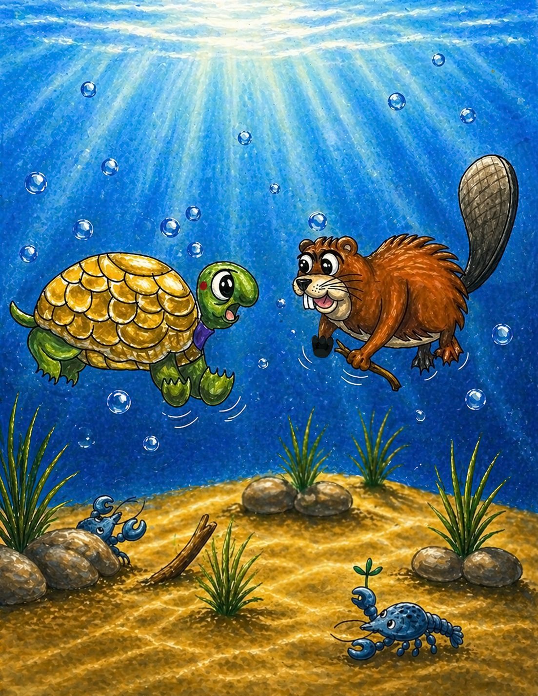 Cartoon turtle and beaver are swimming in a pond.