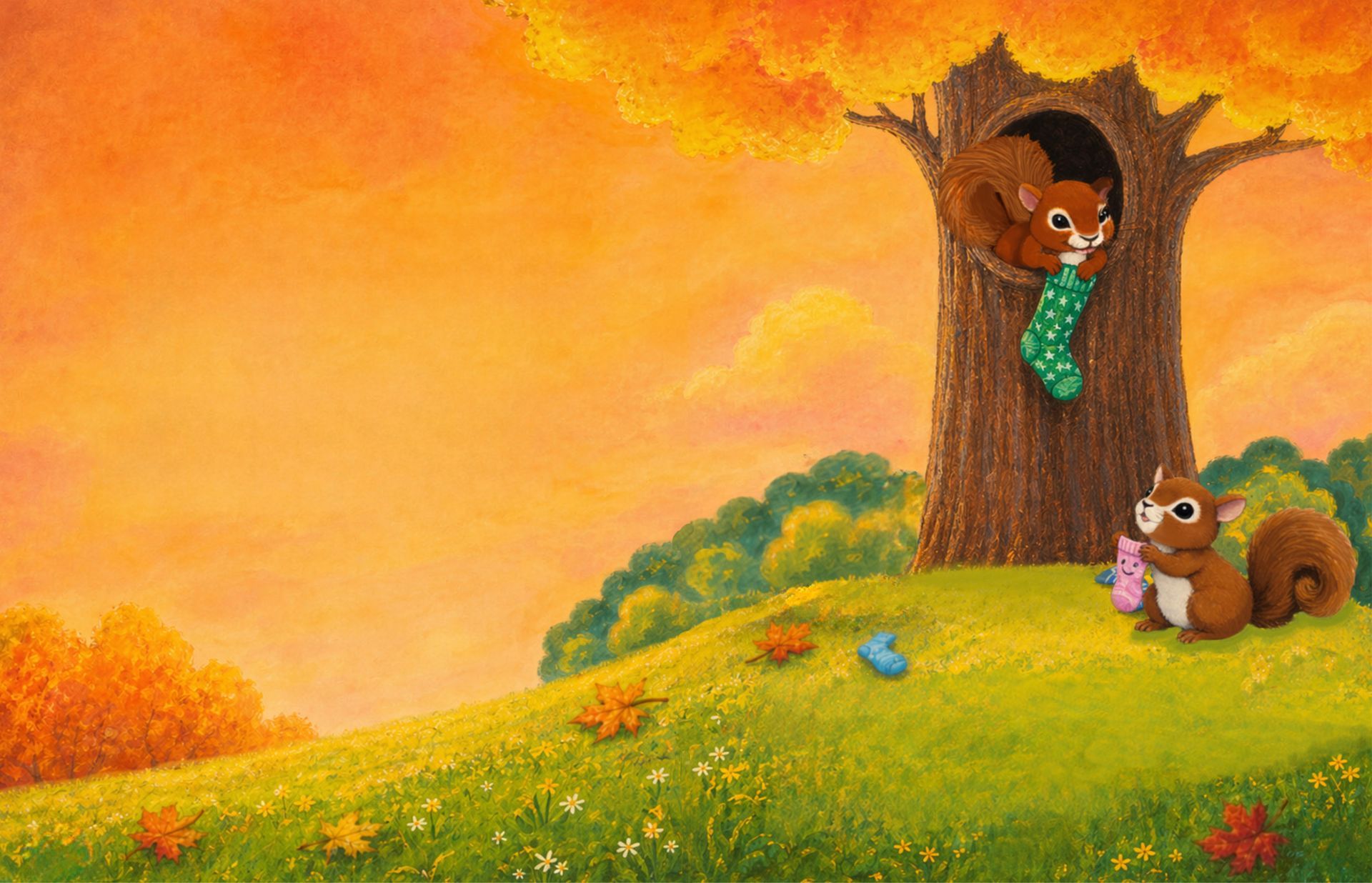 Baby squirrel holding a green sock peeks from a tree while a squirrel sits below in a sunny autumn meadow.