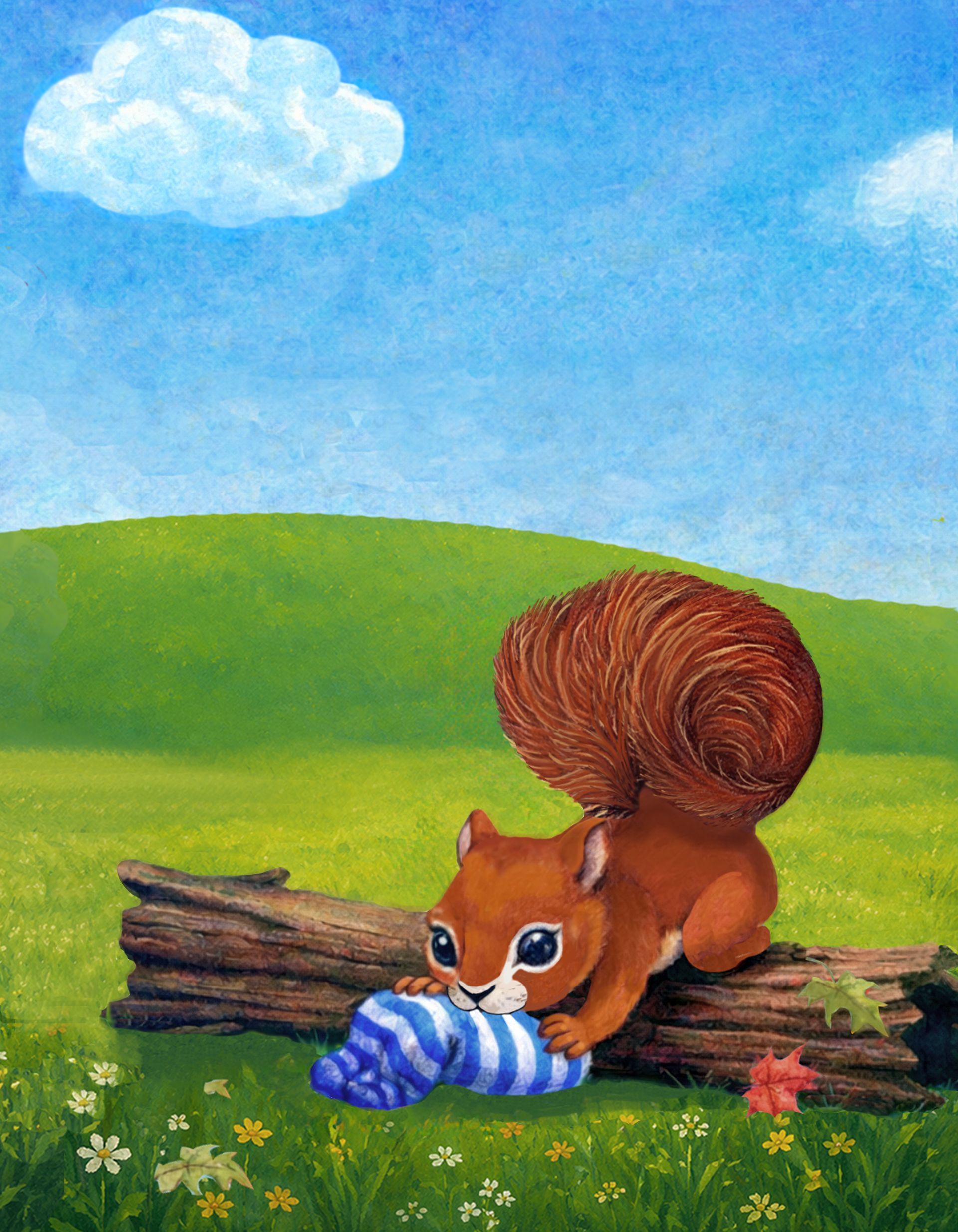 Brown squirrel on a log, grabbing a blue striped sock in a grassy field under a blue sky