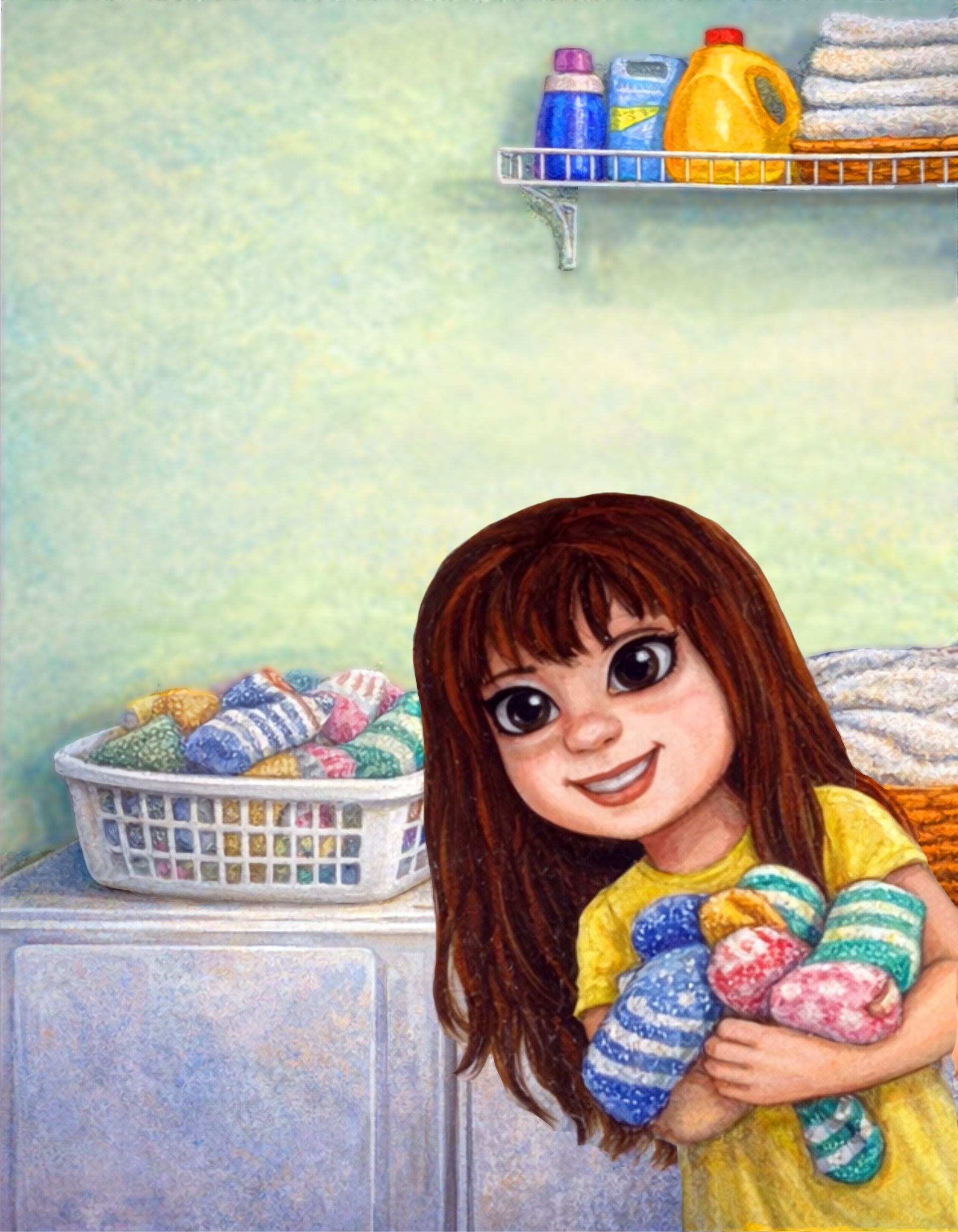 Smiling girl holding colorful socks in a laundry room with baskets and shelves of detergent.