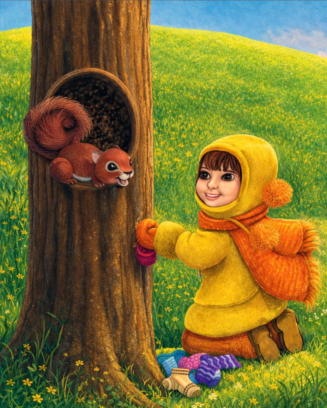 Girl in yellow raincoat smiles beside a tree with a squirrel in a hollow.