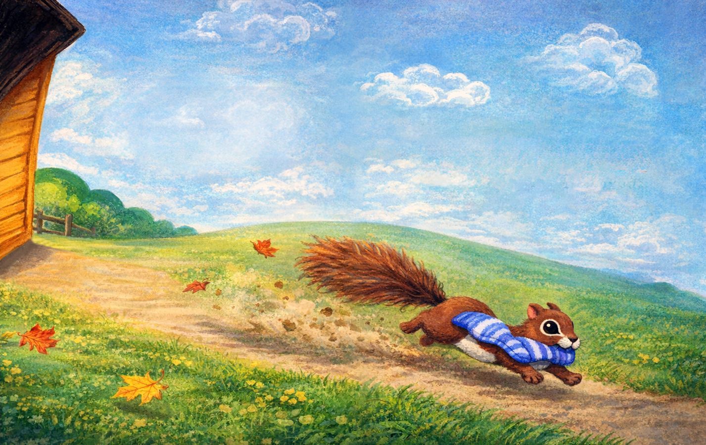 Cartoon squirrel in blue shirt running through a sunny grassy field, carrying a bundle on its back