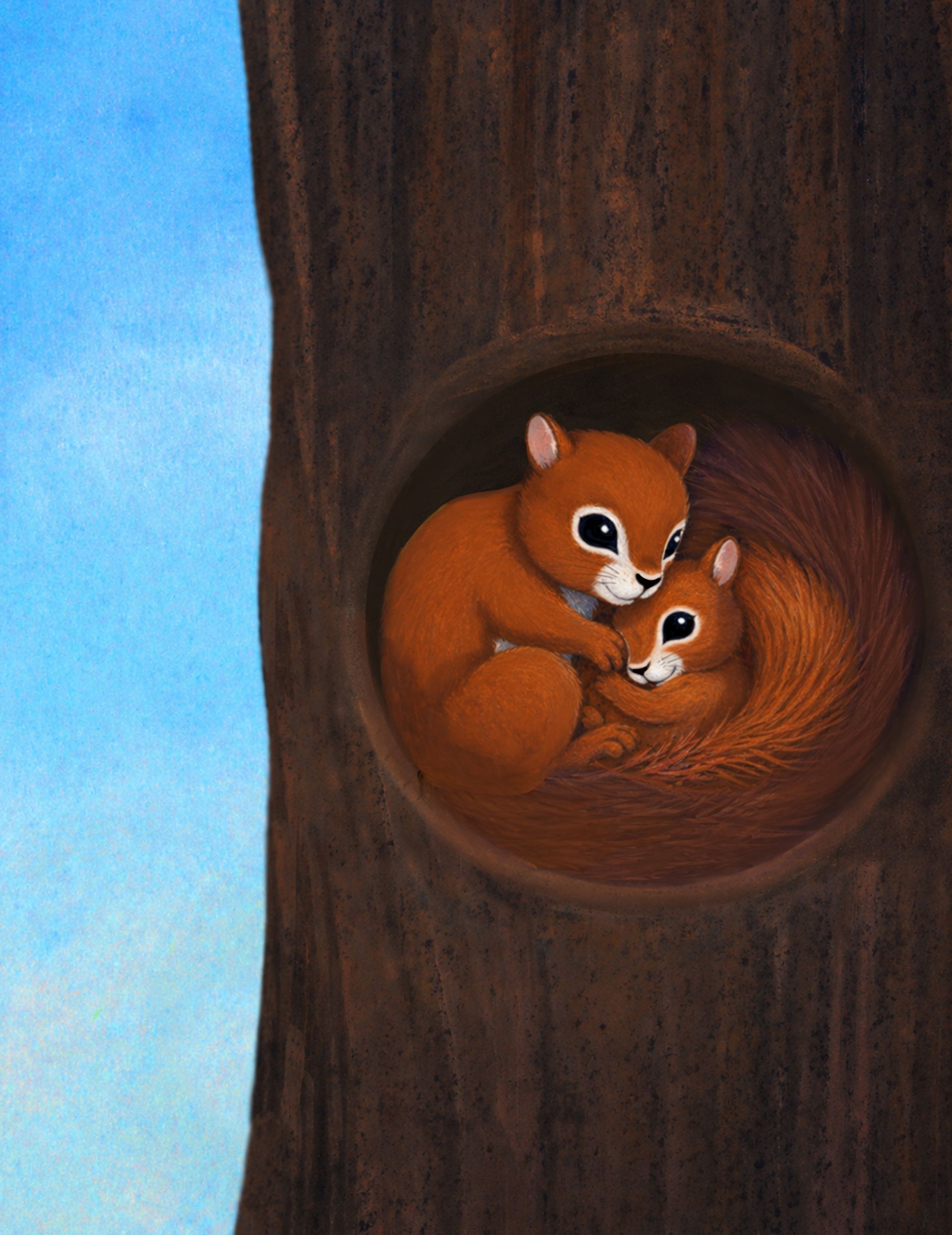 Two squirrels cuddling in a hollow tree, one holding the other, against a blue sky.