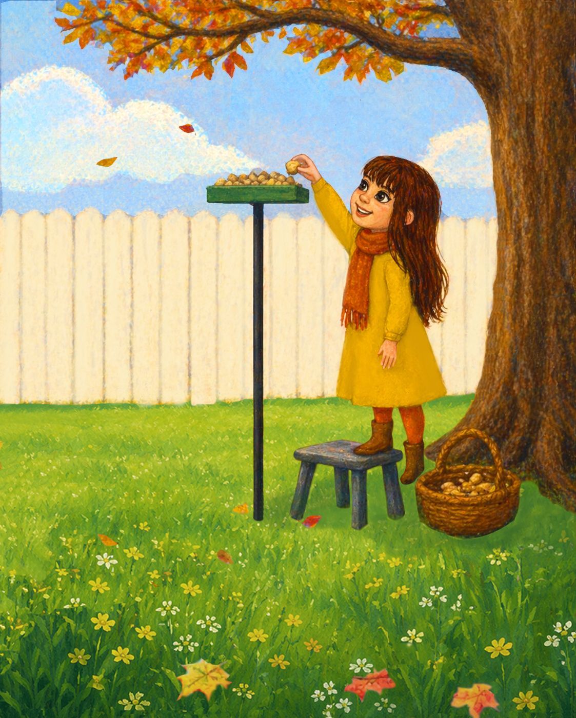 Girl on a stool by a tree and white fence, reaching toward a mailbox in a sunny garden.