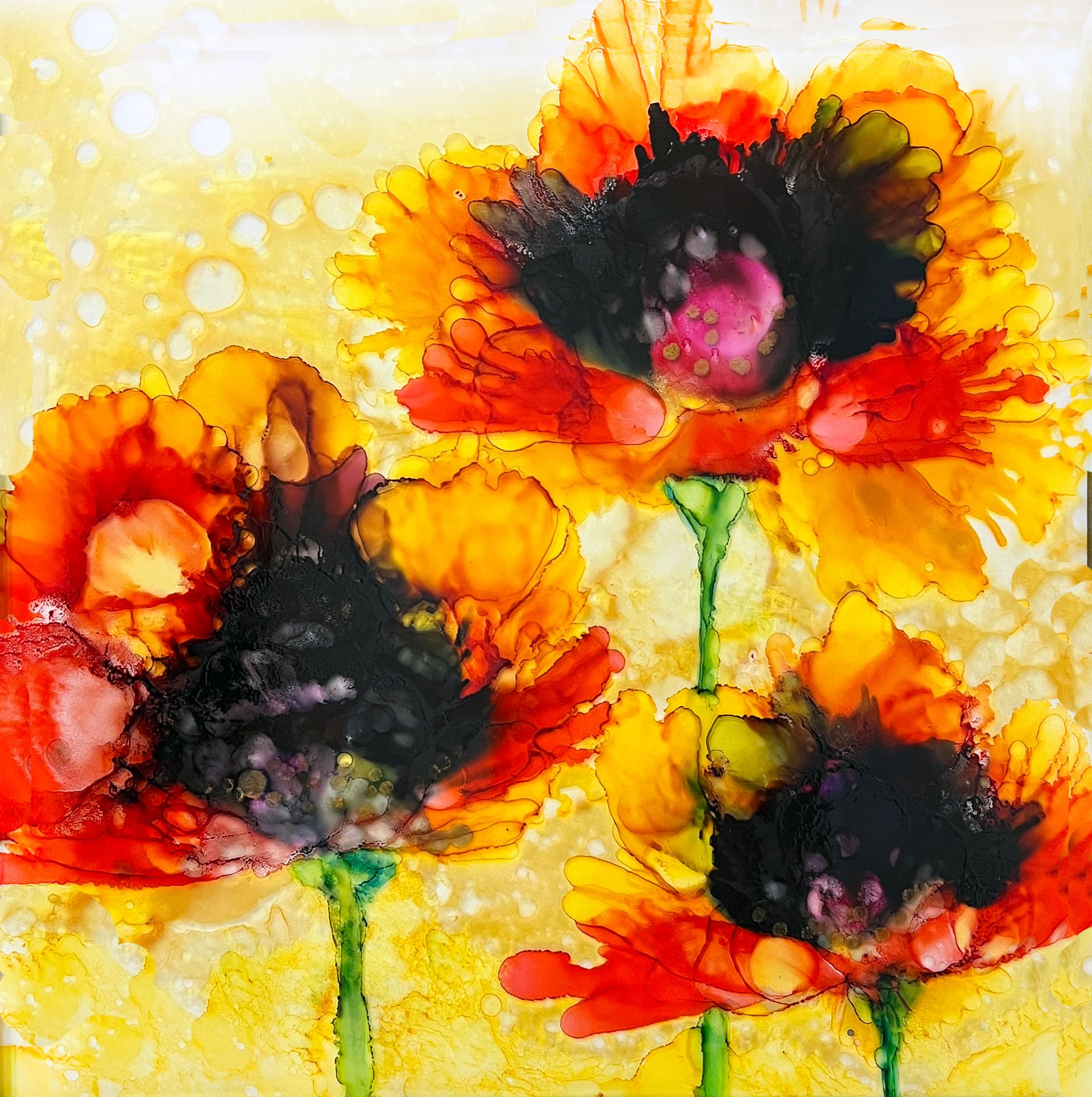 Three vibrant poppies with red and yellow petals and dark centers set against a soft, textured yellow background.