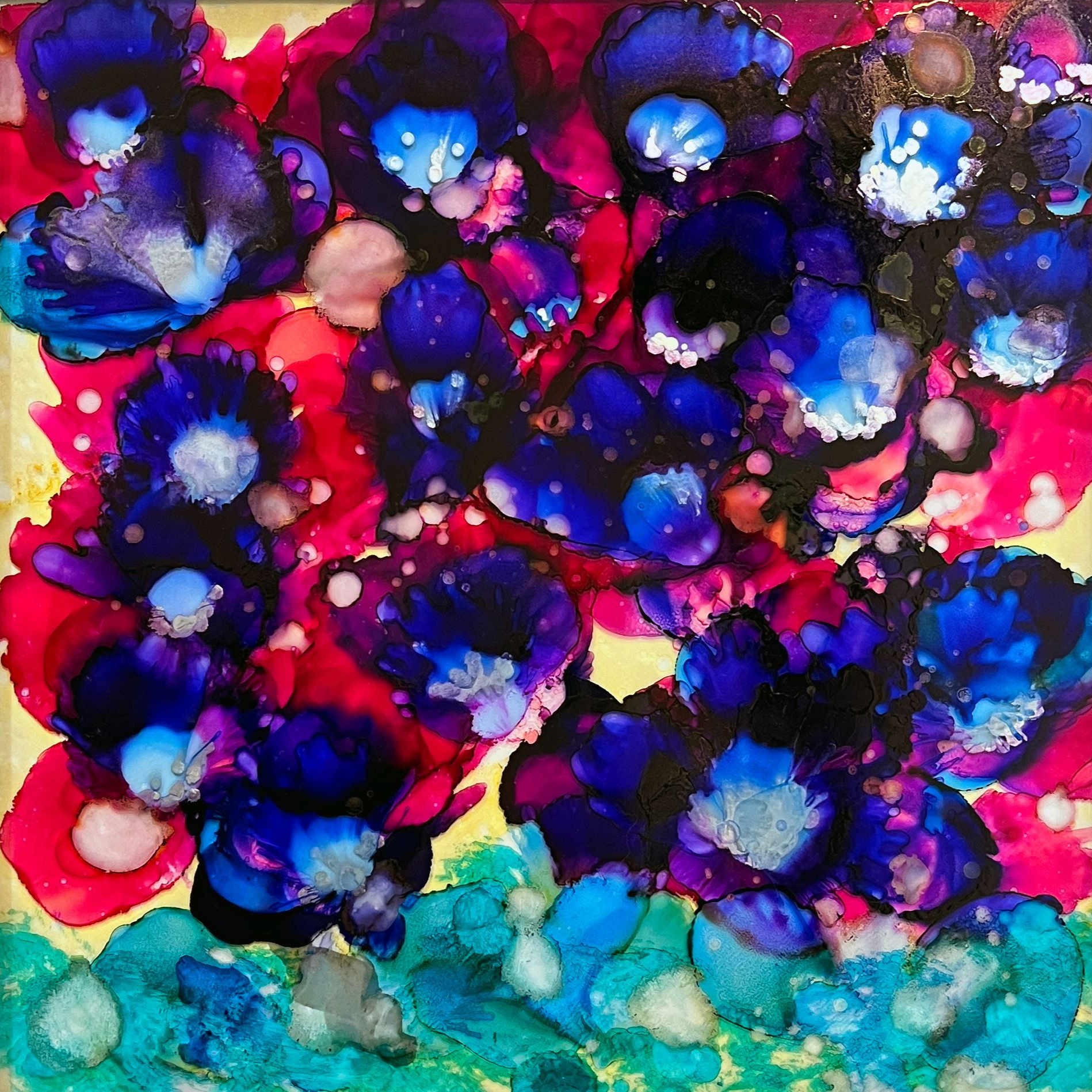 Abstract floral artwork with vibrant blues, pinks, and teal.