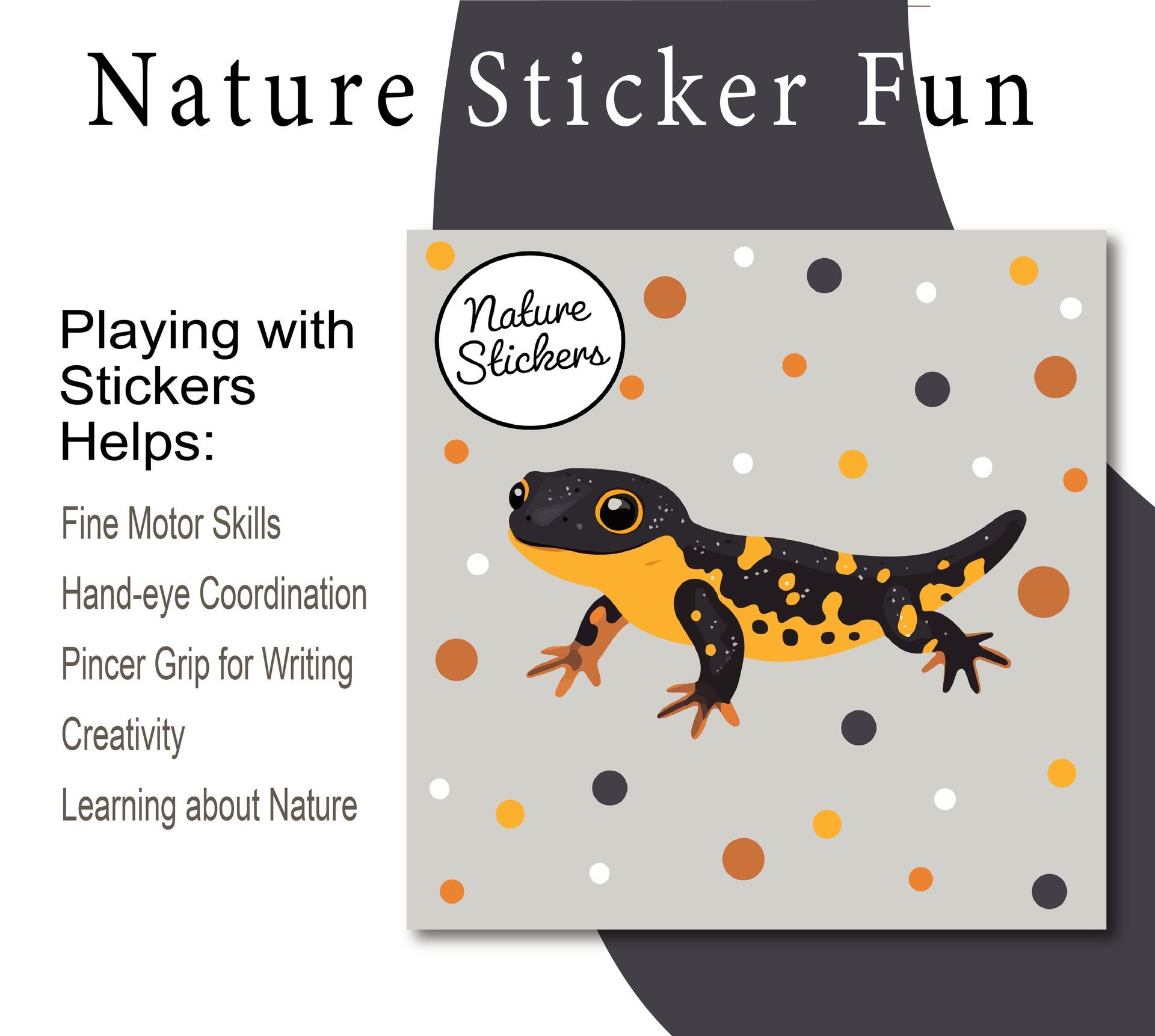Promotional image for nature stickers, featuring a salamander and a list of benefits.