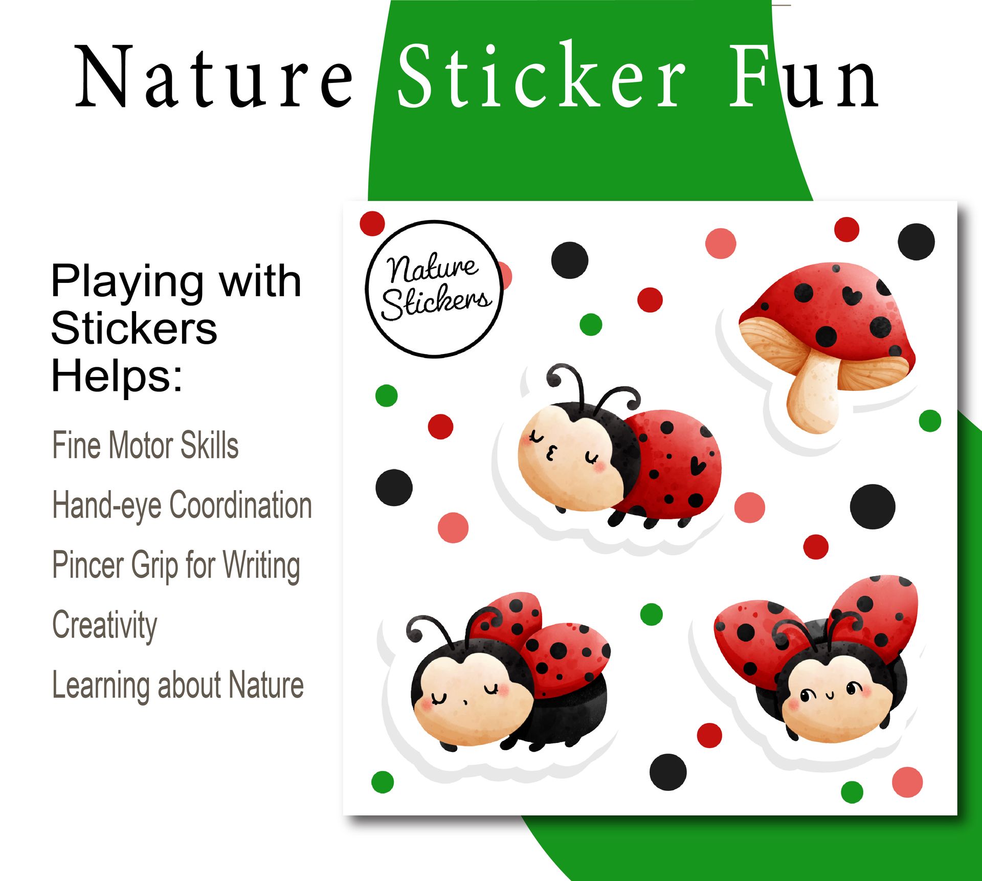 Sticker sheet featuring cartoon ladybugs and a mushroom.