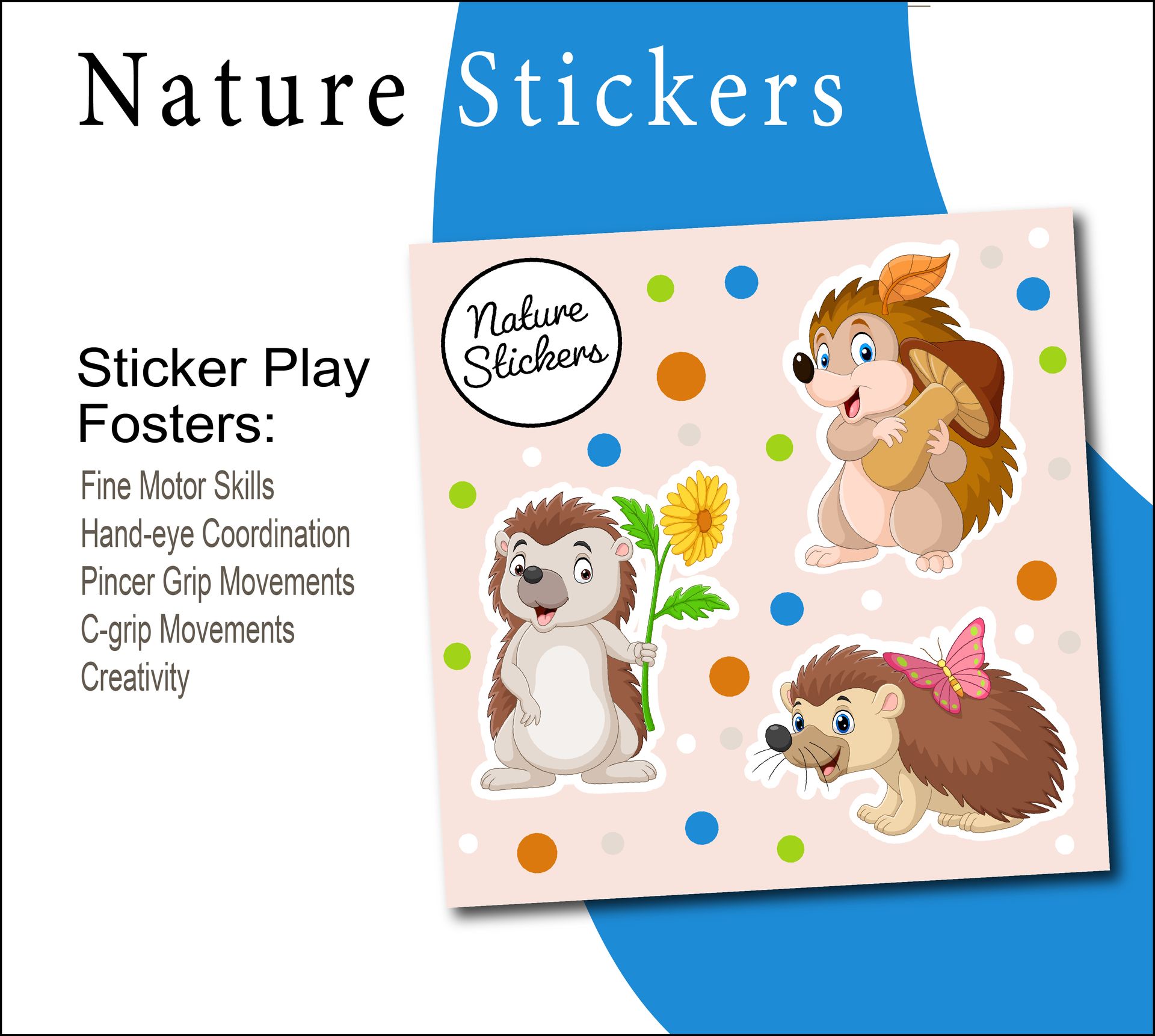 Nature sticker set featuring hedgehogs, fostering fine motor skills and creativity.