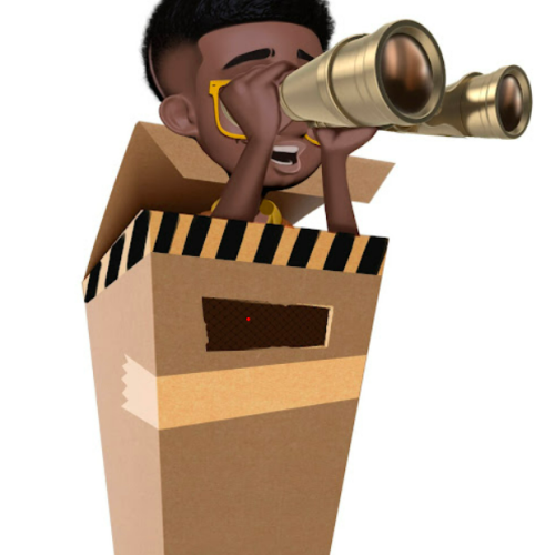 A cartoon character is looking through binoculars out of a cardboard box