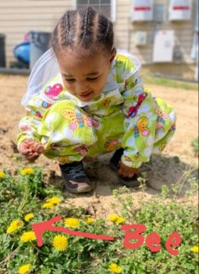 Child in a floral outfit squats over yellow flowers outside, looking at a bee.