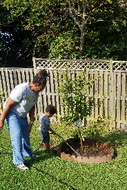 Woman and child watering a newly planted tree in a backyard with a wooden fence.
