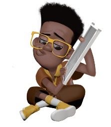 A cartoon boy is sitting on the floor holding a piece of metal.
