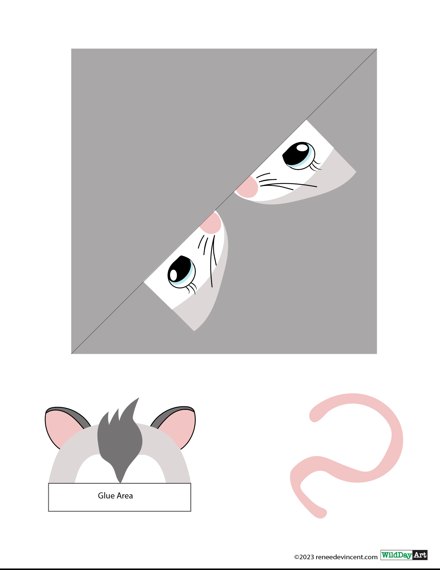 Grey paper mouse craft with eyes, ears, nose and tail.