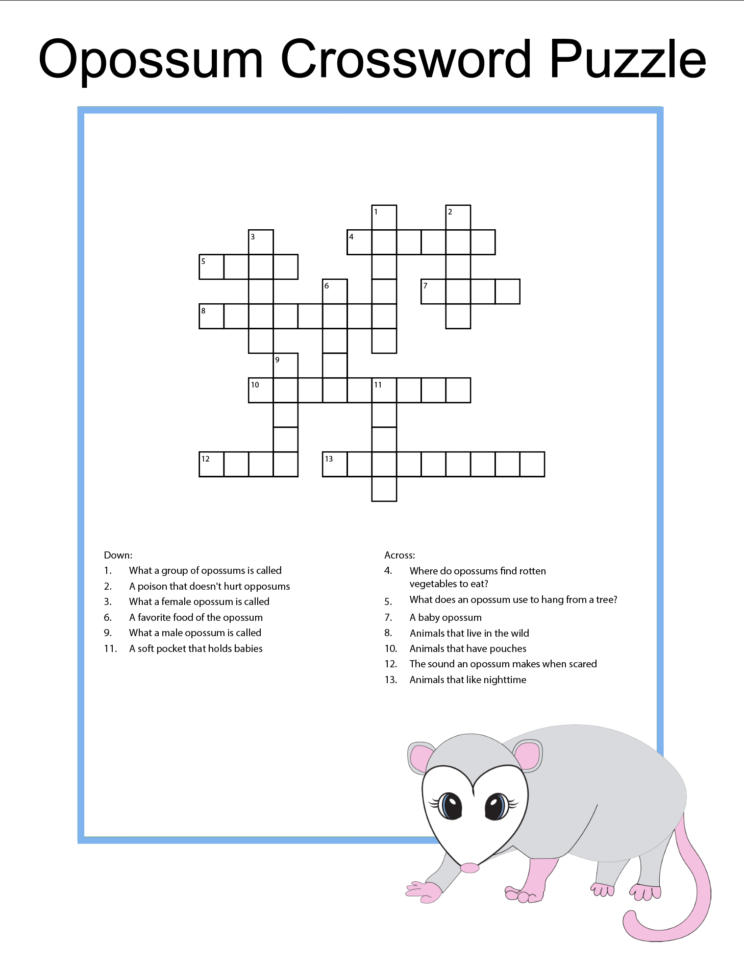 Opossum crossword puzzle with clues. A cartoon opossum is in the bottom right corner.
