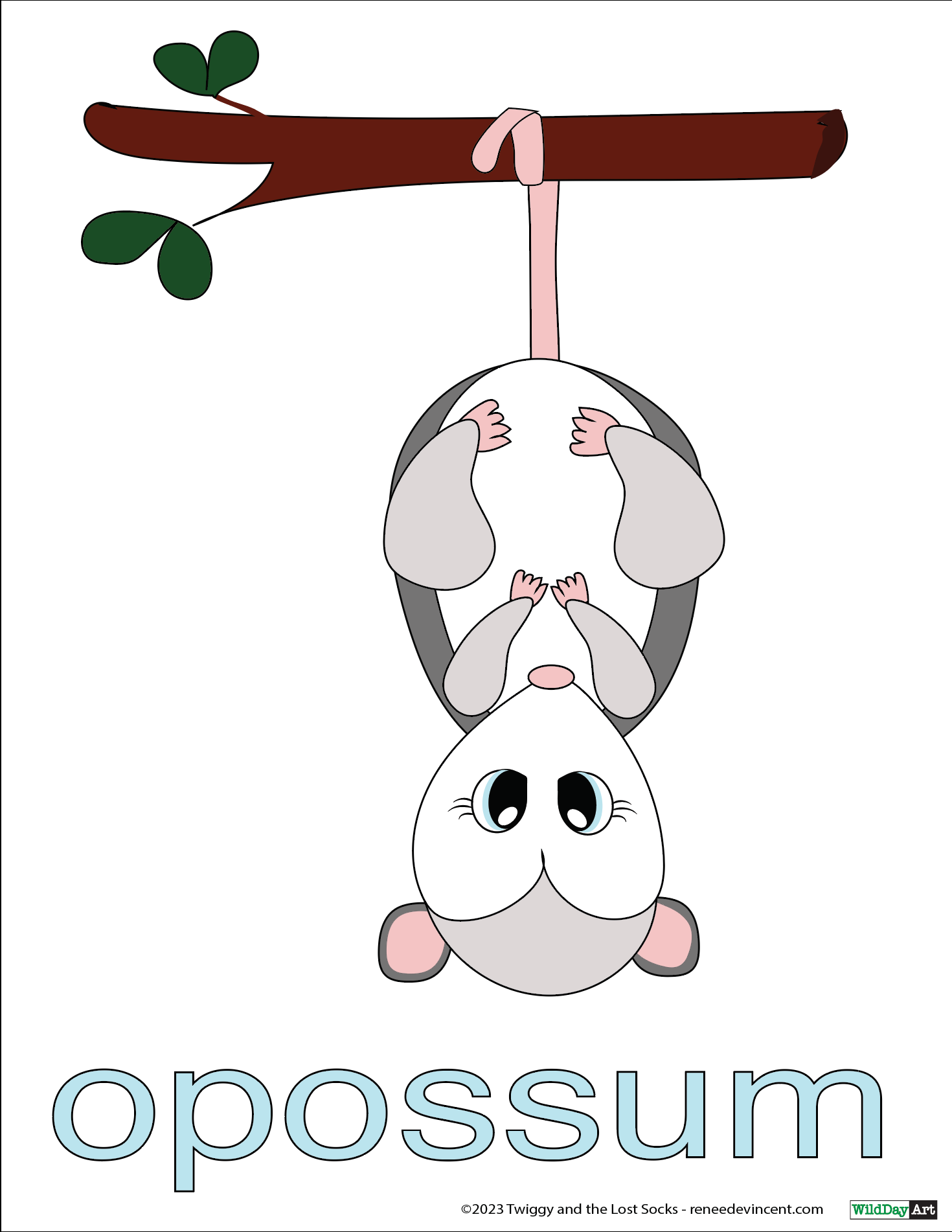 Opossum hanging upside down from a tree branch, with the word 