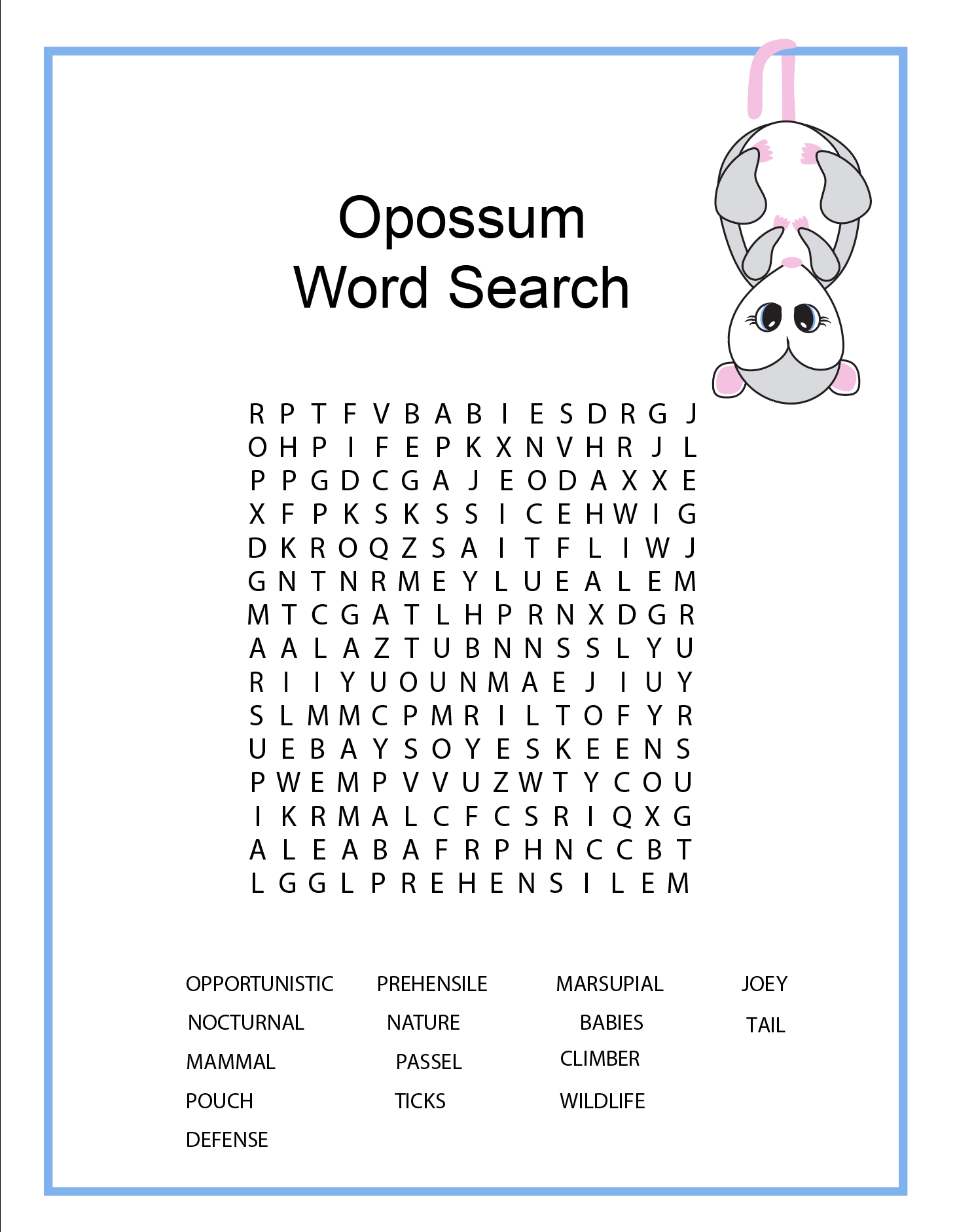 Opossum word search puzzle with a cartoon opossum at the top right corner.