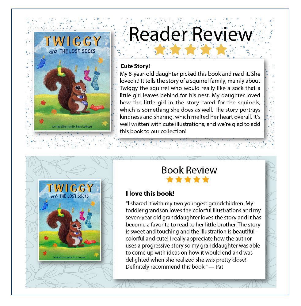 Two book reviews, each with a book cover featuring a squirrel,