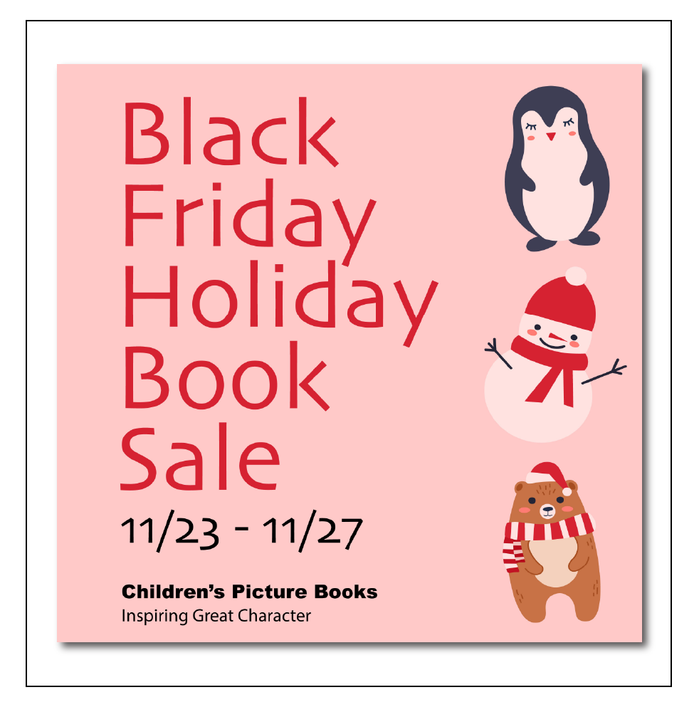 Pink ad for Black Friday Holiday Book Sale: penguin, snowman, bear illustrations, sale dates, and