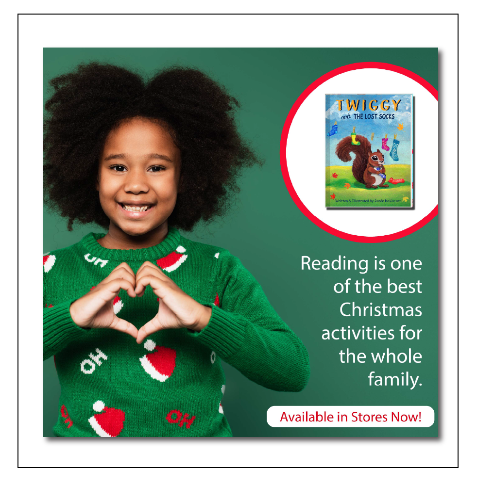 Girl wearing a Christmas sweater makes a heart shape. Ad for the book