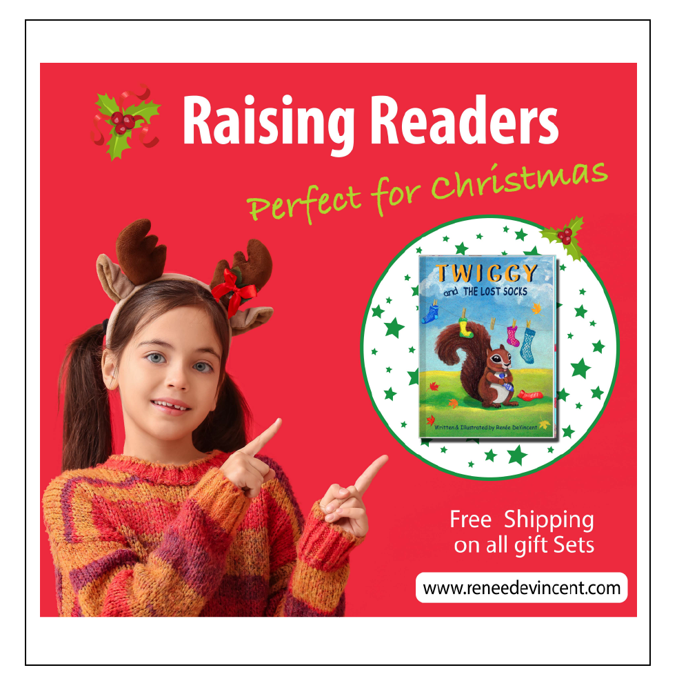 Girl wearing antlers points to a book