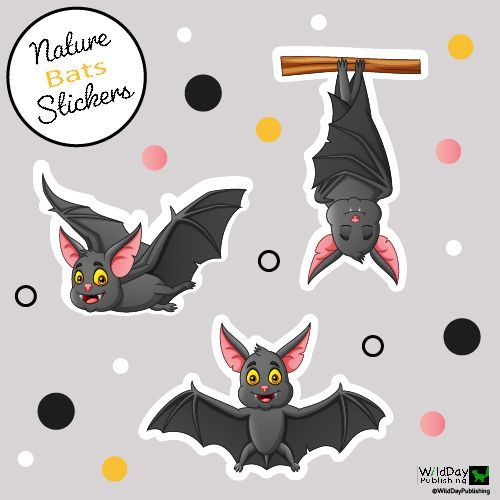 Three cartoon bats in different poses on a light gray background with colorful polka dots.