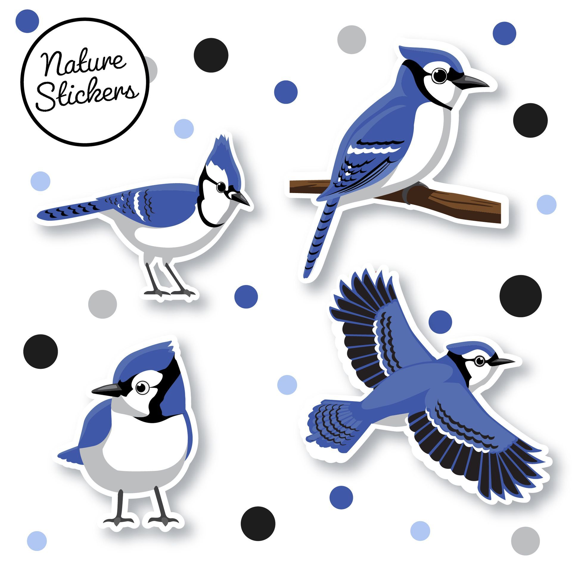 Four blue jay stickers on a white background with scattered black, gray, and blue polka dots.