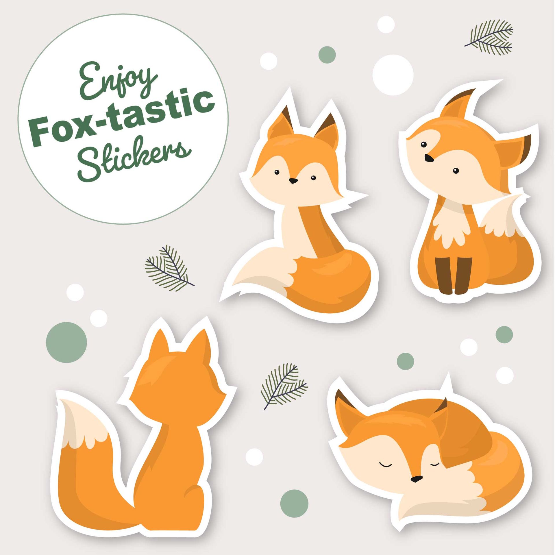 Five cartoon fox stickers, in various poses, with the text 