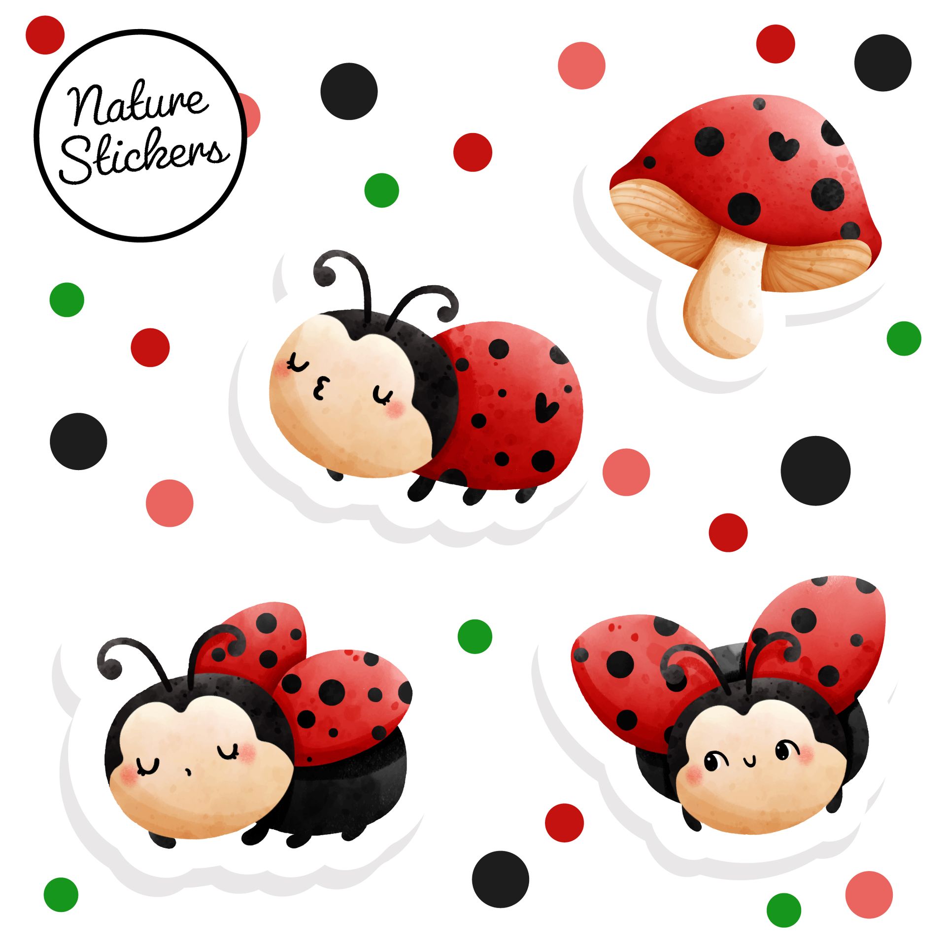 Cute ladybug and mushroom stickers with red, black, and green polka dots on white background.