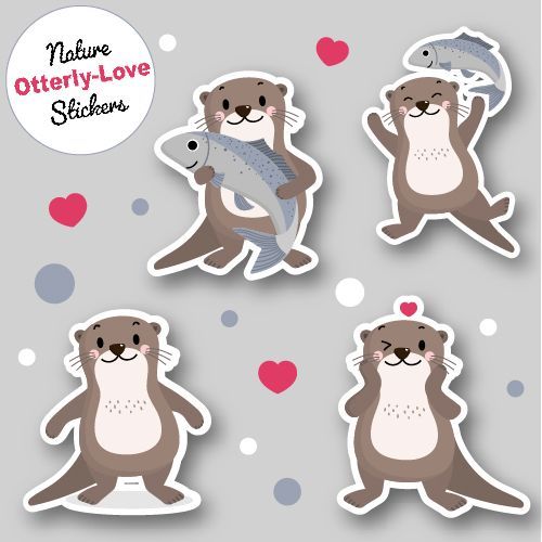 Cute otter stickers with fish, hearts, and the words 