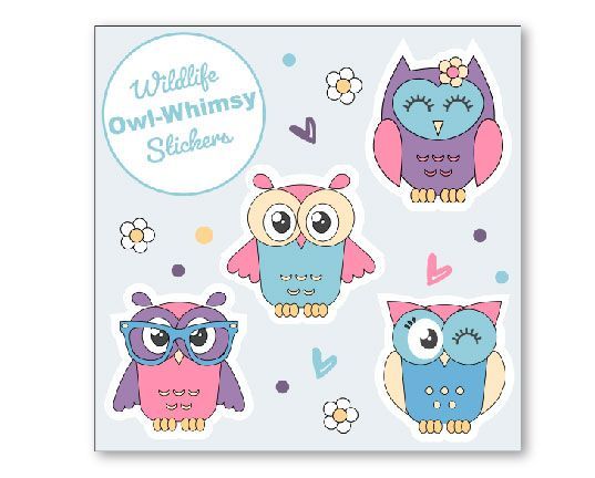 Whimsical owl stickers in pink, blue, purple, and cream, with flowers and hearts on a light blue background.